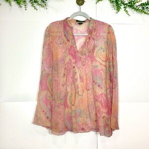 Ralph Lauren Womens Silk Blouse Large Pink Orange Sheer Long Sleeve V Neck Top